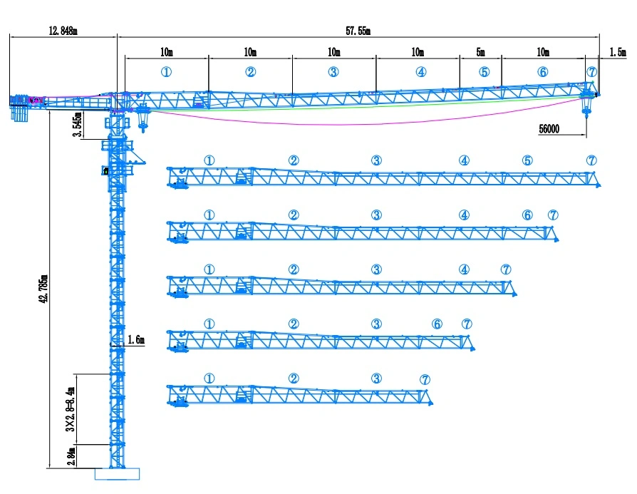 H5613 6t Boom Length 56 Meters Korean Nude Photo Tower Crane Flat Top Tower Crane Height Tonnage Can Be Customized Crane